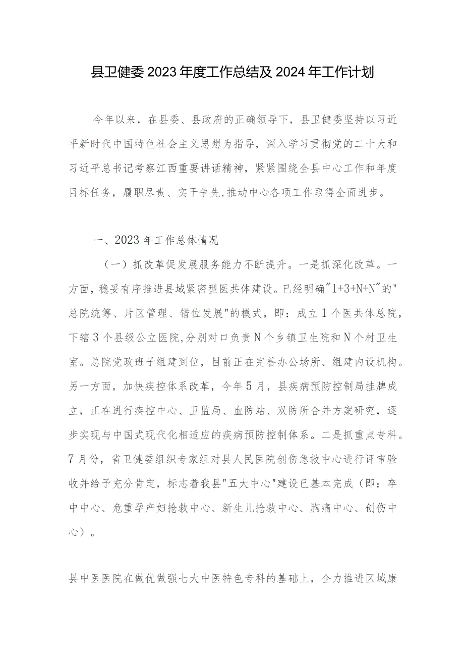 某县卫健委2023-2024年度工作总结及下一年工作计划思路安排.docx_第1页