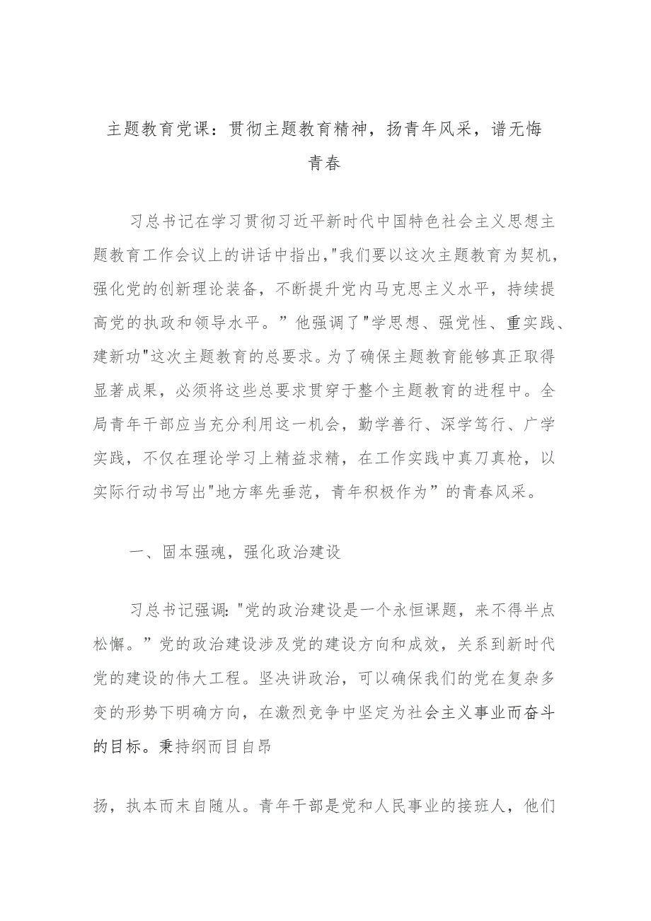 主题教育党课：贯彻主题教育精神扬青年风采谱无悔青春.docx_第1页