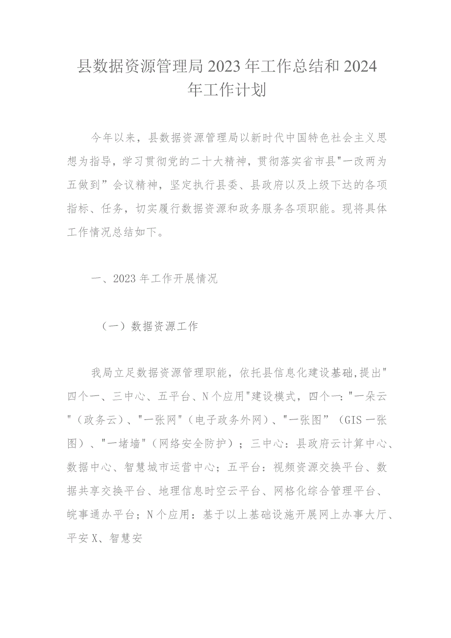 县数据资源管理局2023年工作总结和2024年工作计划.docx_第1页