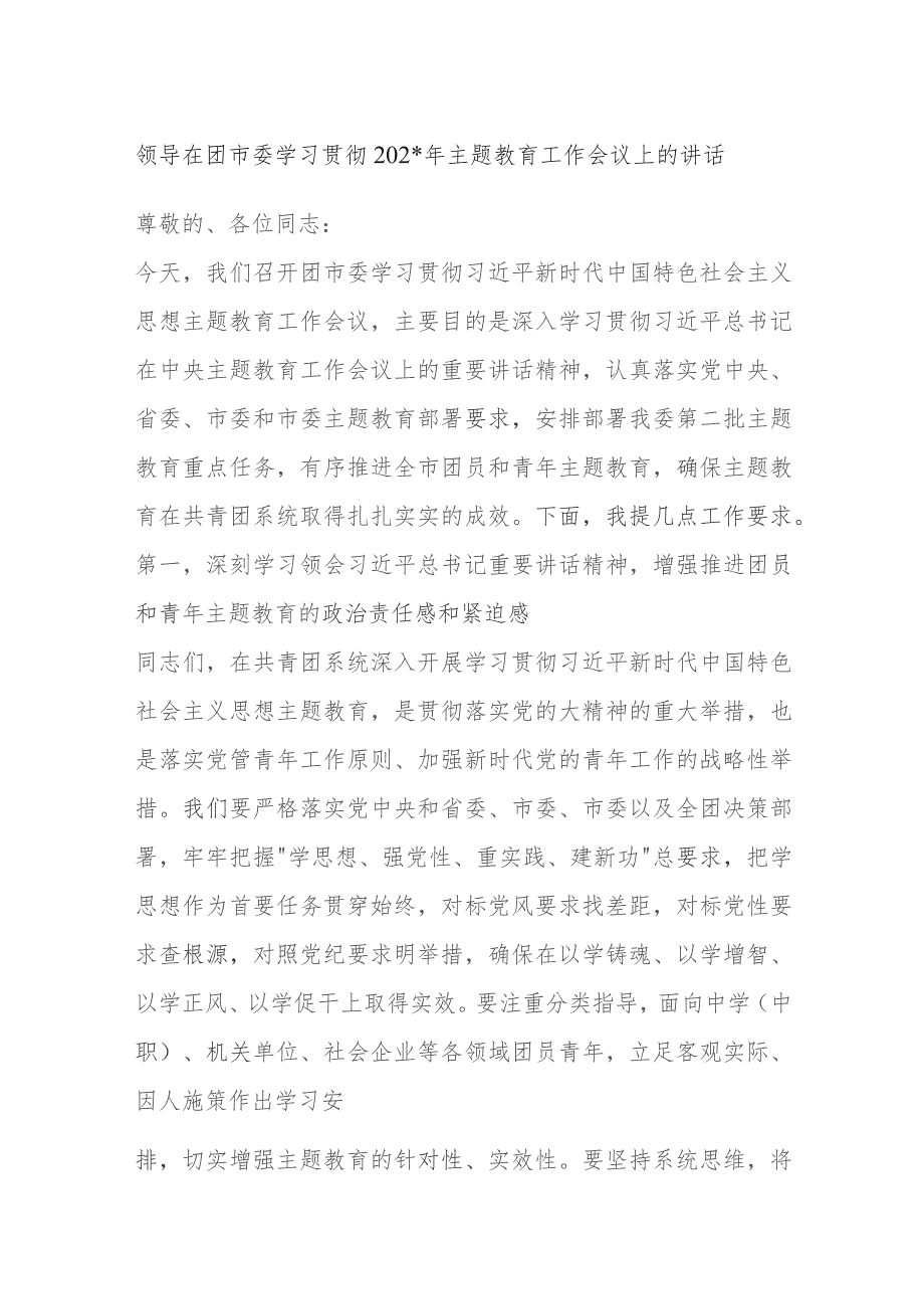 领导在团市委学习贯彻2023年主题教育工作会议上的讲话.docx_第1页