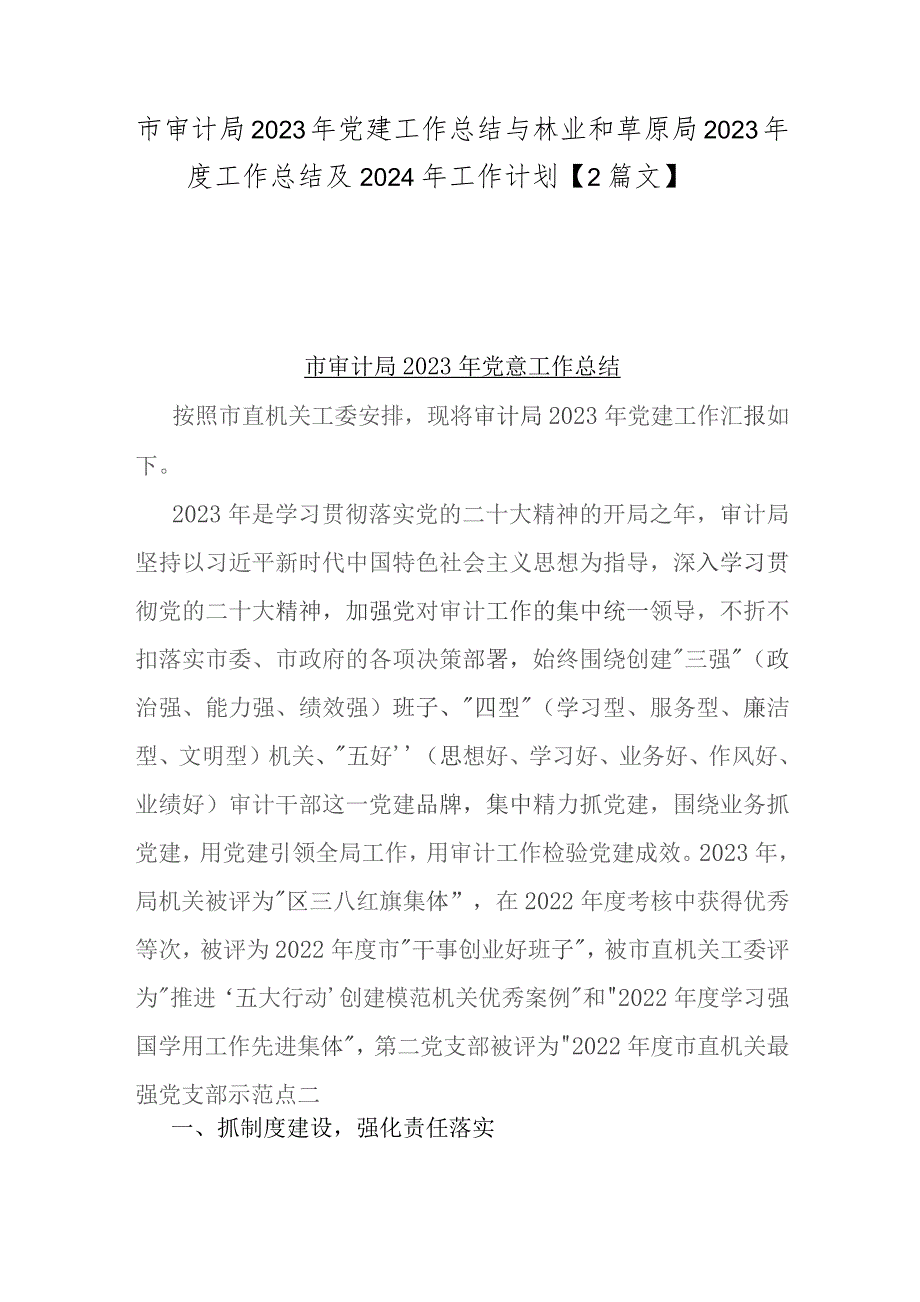 市审计局2023年党建工作总结与林业和草原局2023年度工作总结及2024年工作计划【2篇文】.docx_第1页