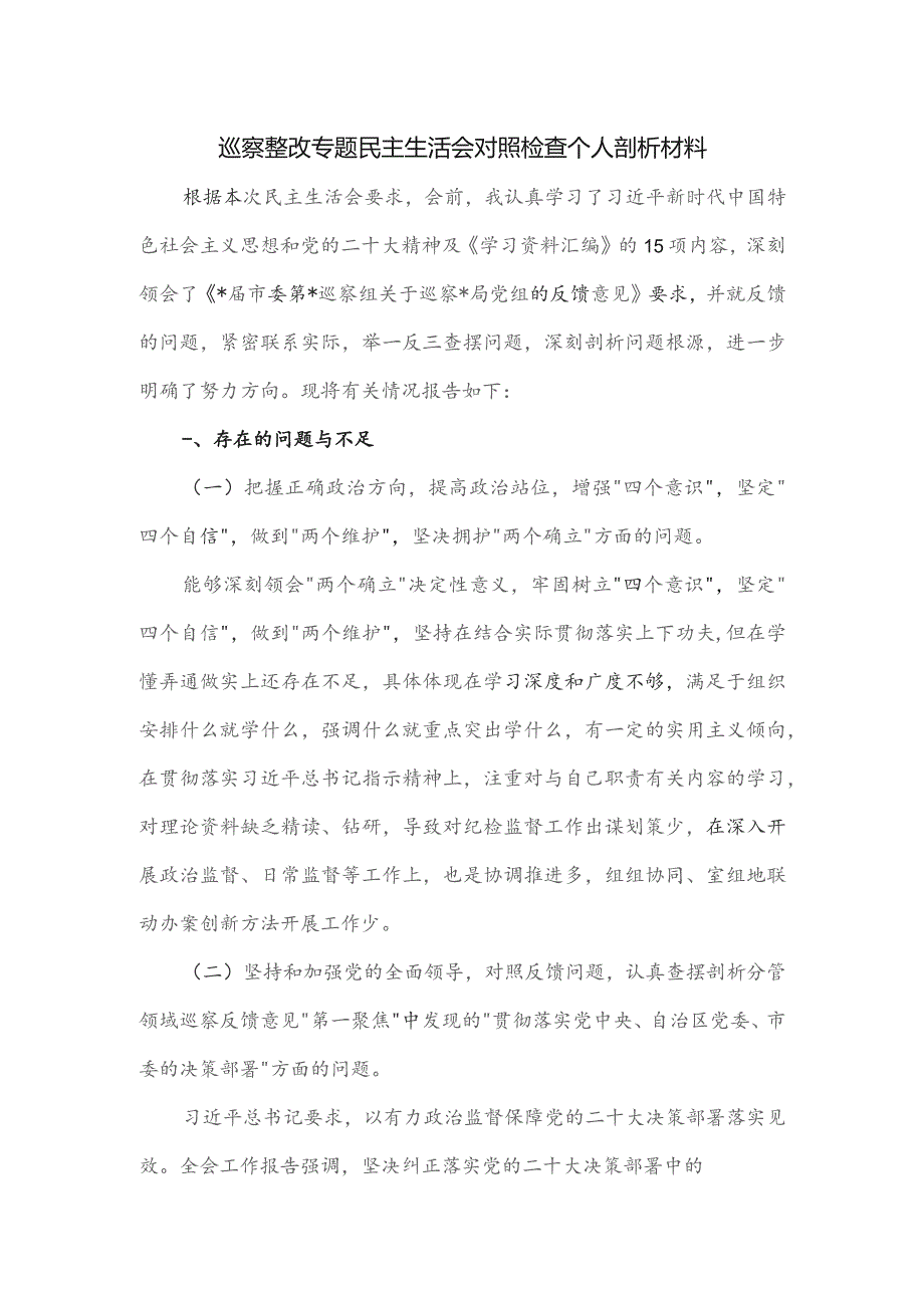 巡察整改专题民主生活会对照检查个人剖析材料.docx_第1页