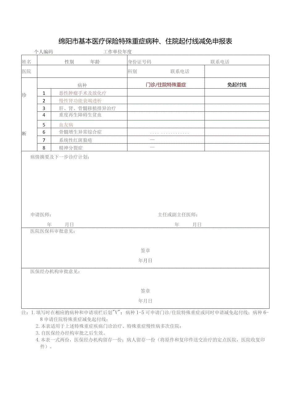 绵阳市基本医疗保险特殊重症病种、住院起付线减免申报表.docx_第1页