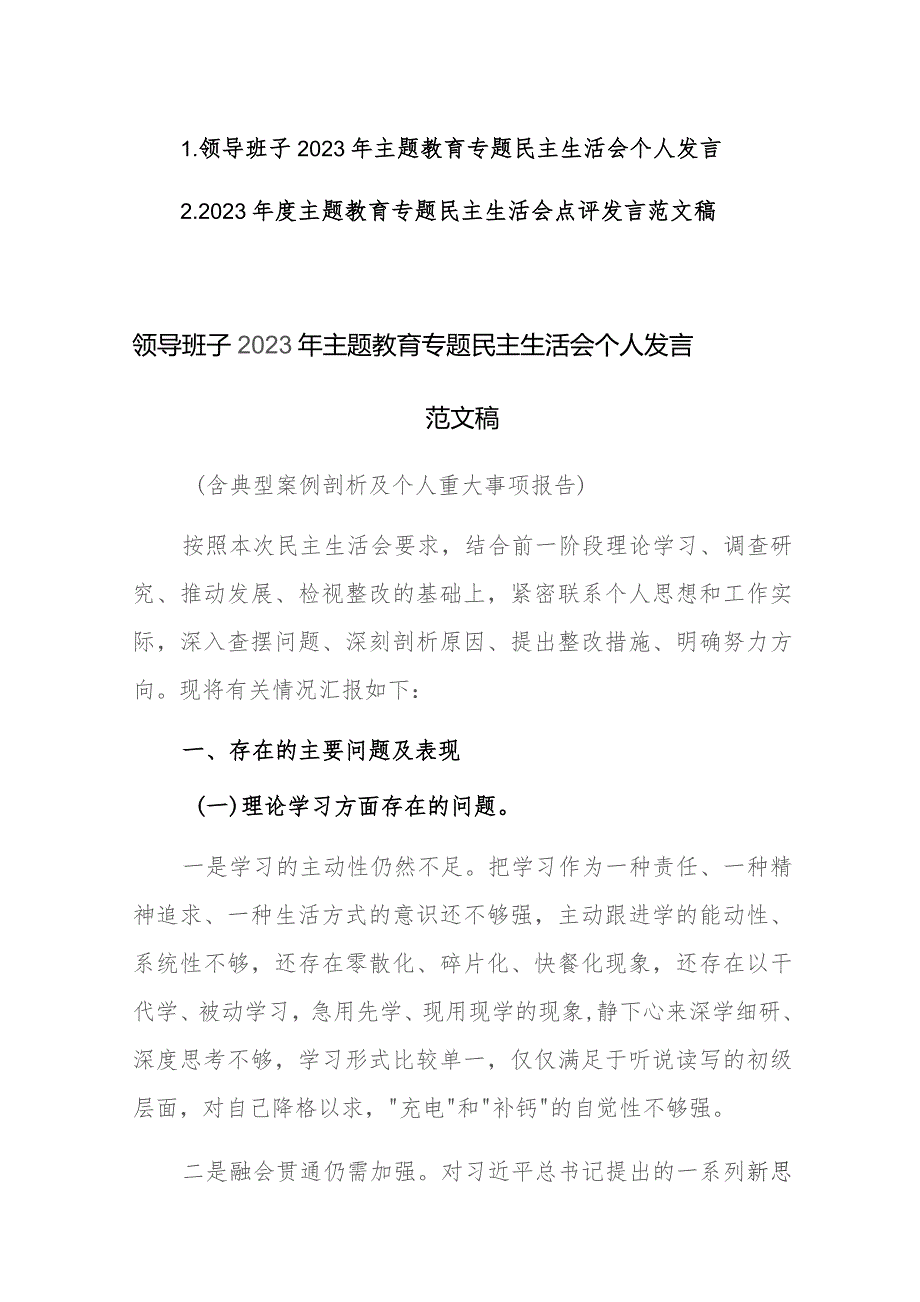 领导班子2023年主题教育专题民主生活会个人发言及点评发言范文稿2篇.docx_第1页