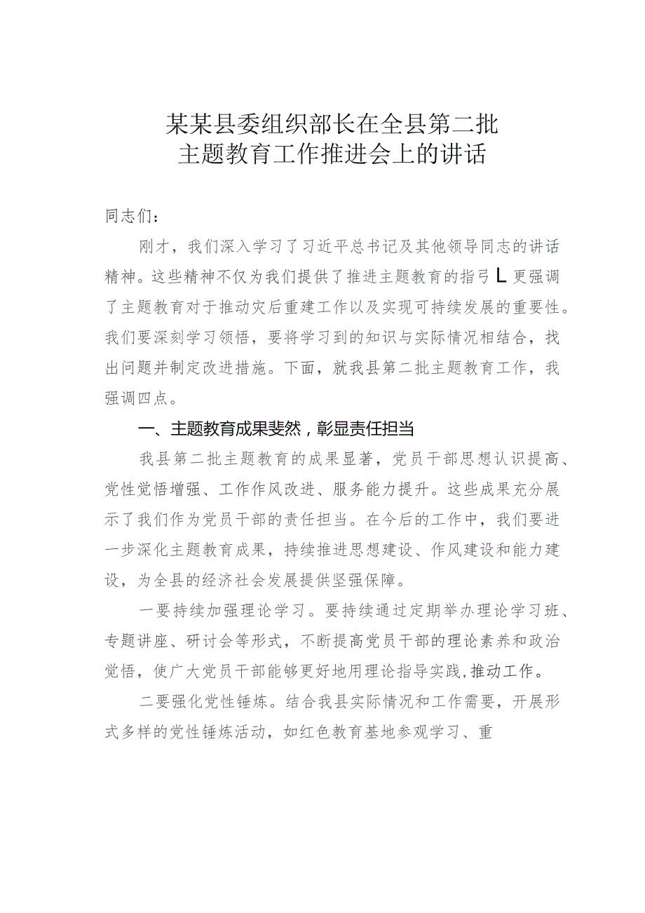 某某县委组织部长在全县第二批主题教育工作推进会上的讲话.docx_第1页