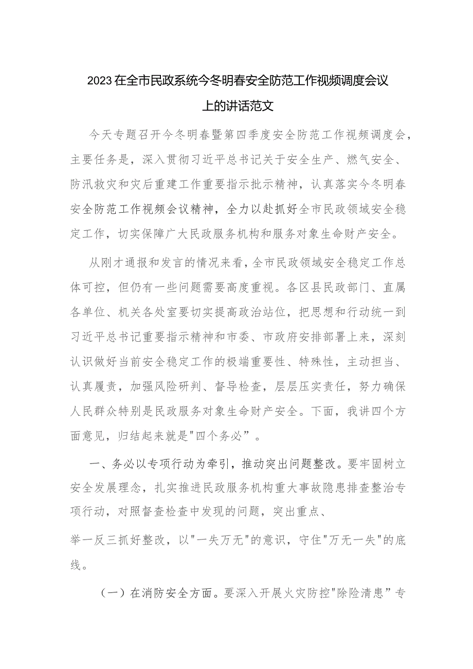 2023在全市民政系统今冬明春安全防范工作视频调度会议上的讲话范文.docx_第1页