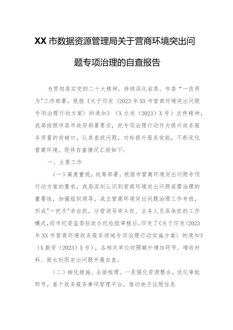 XX市数据资源管理局关于营商环境突出问题专项治理的自查报告.docx_第1页