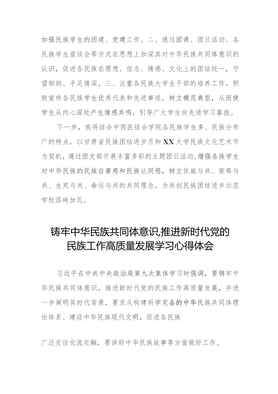 关于学习《铸牢中华民族共同体意识,推进新时代党的民族工作高质量发展》研讨发言九篇.docx_第2页