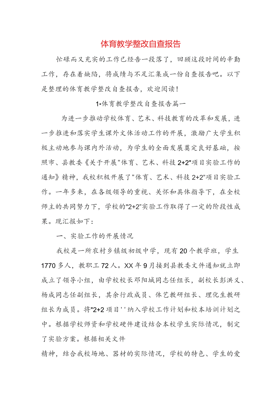 体育教学整改自查报告.docx_第1页