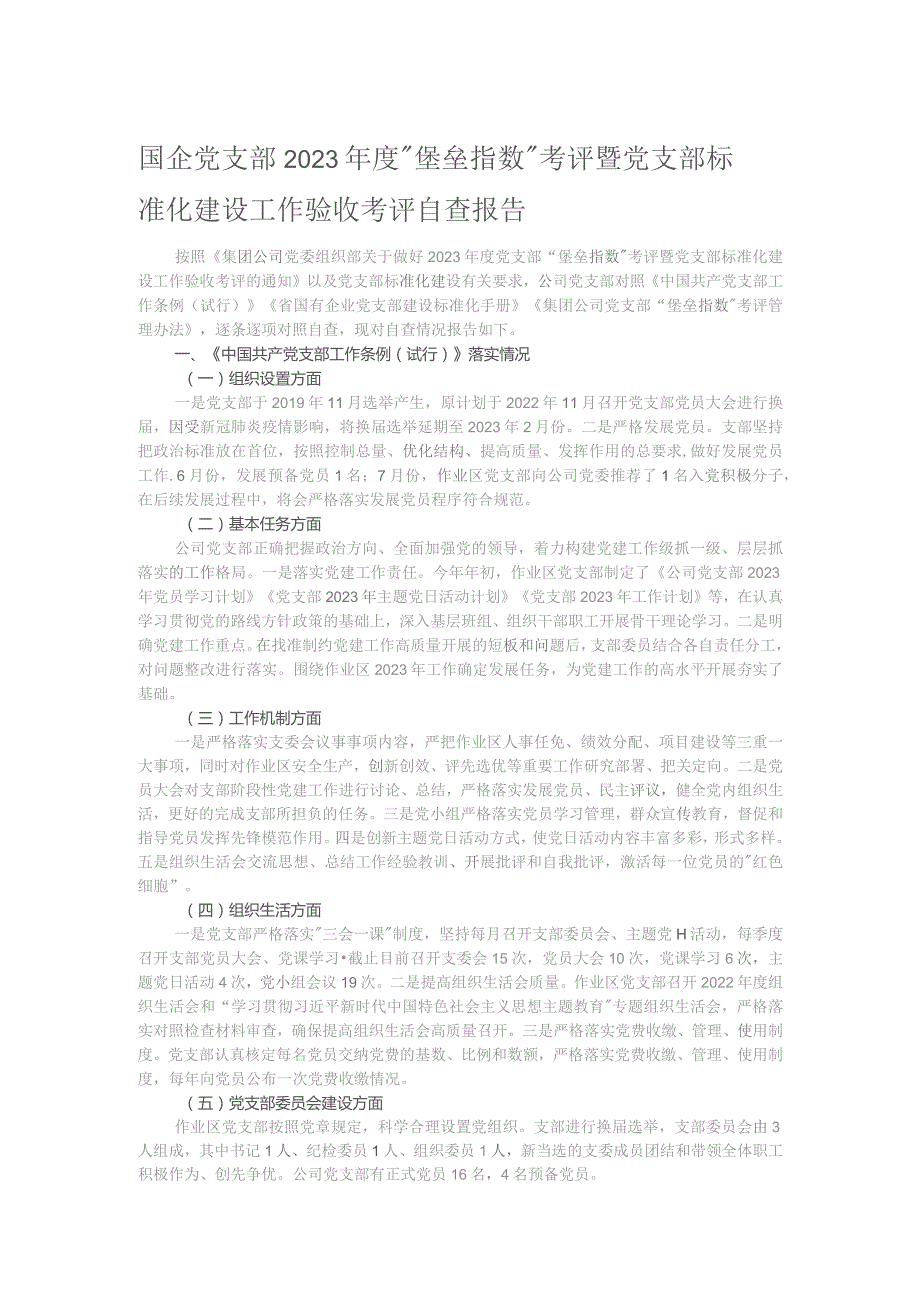 国企党支部2023年度“堡垒指数”考评暨党支部标准化建设工作验收考评自查报告.docx_第1页