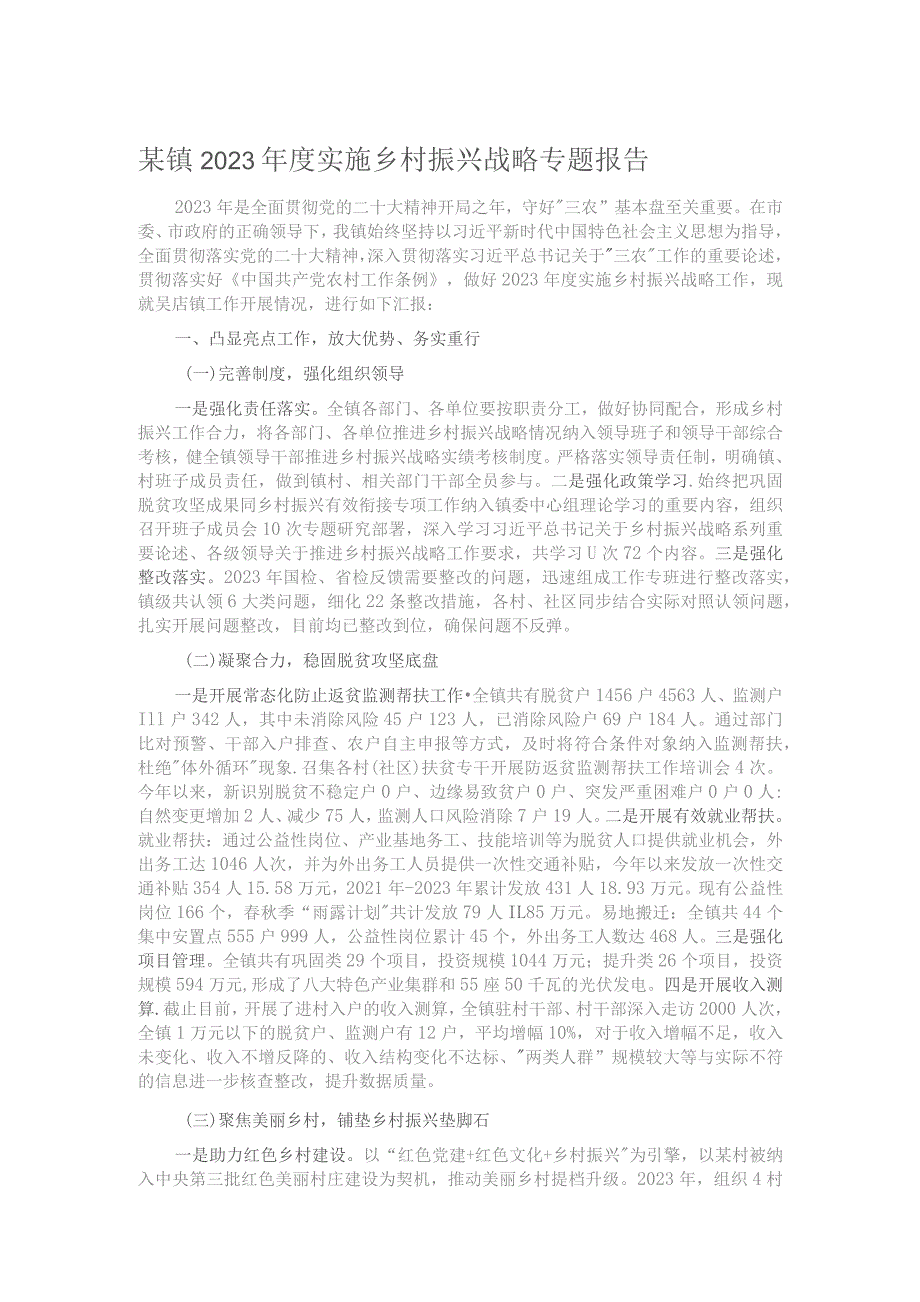 某镇2023年度实施乡村振兴战略专题报告 .docx_第1页