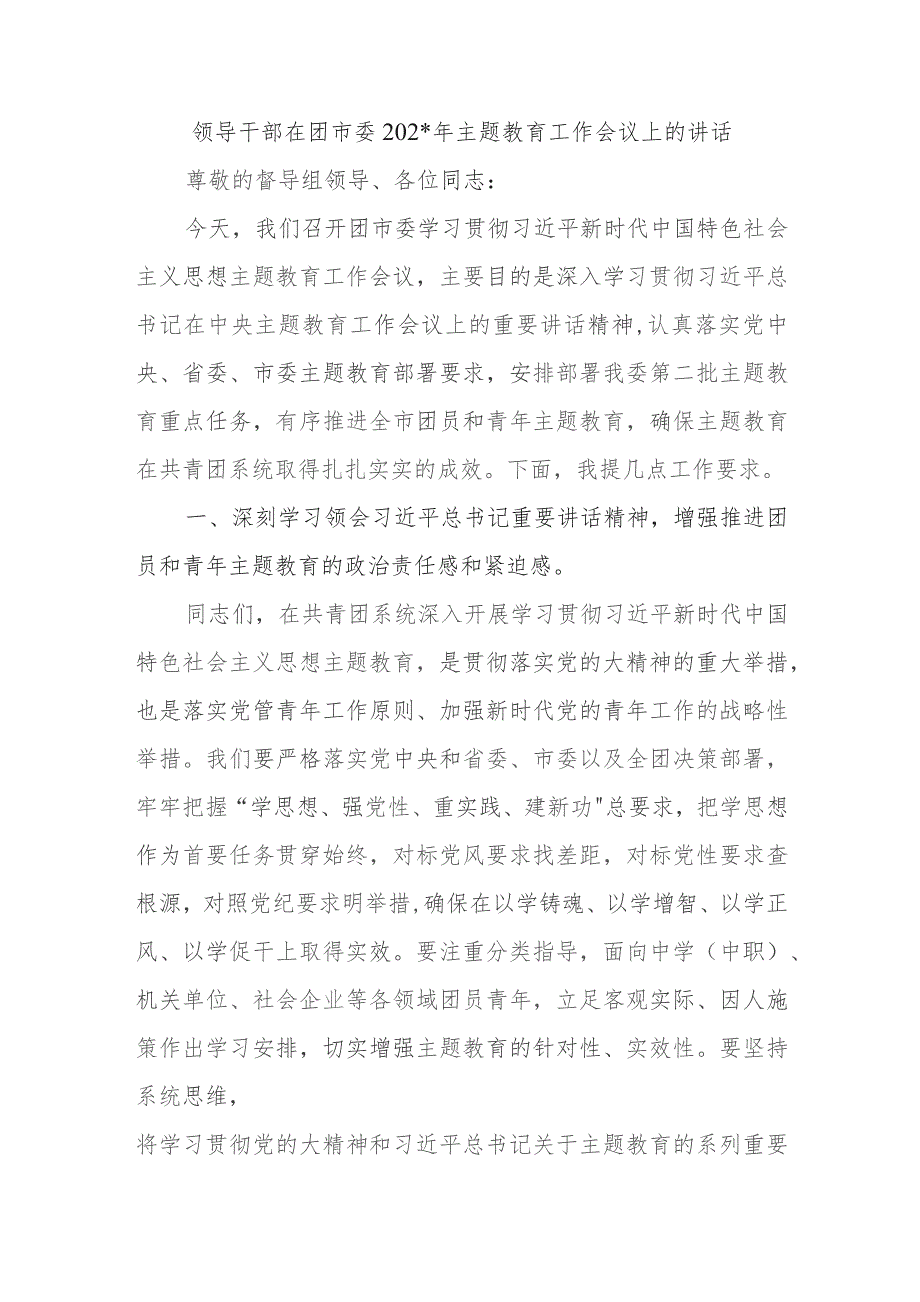 领导干部在团市委2023年主题教育工作会议上的讲话.docx_第1页