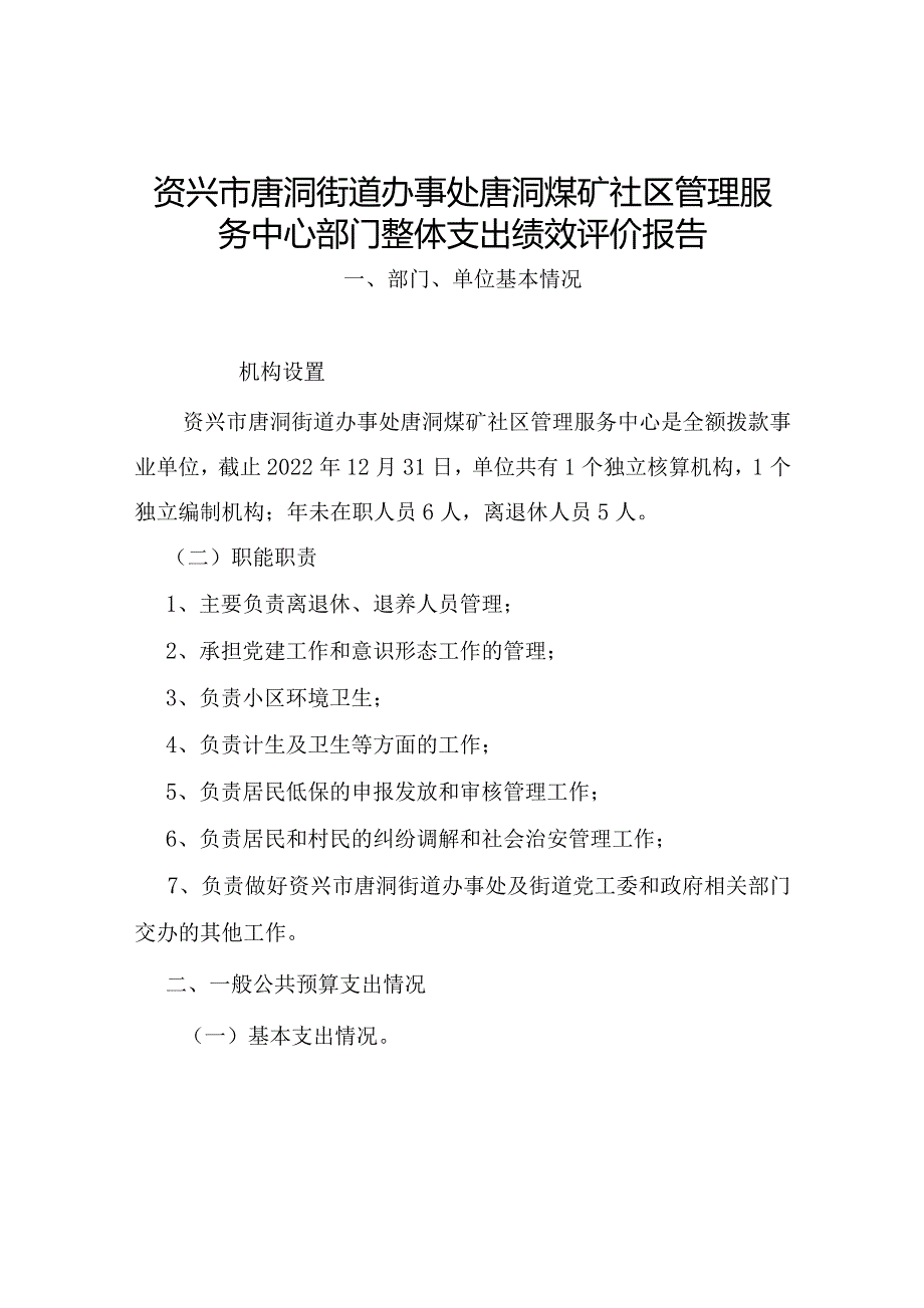 资兴市唐洞街道办事处唐洞煤矿社区管理服务中心部门整体支出绩效评价报告.docx_第1页