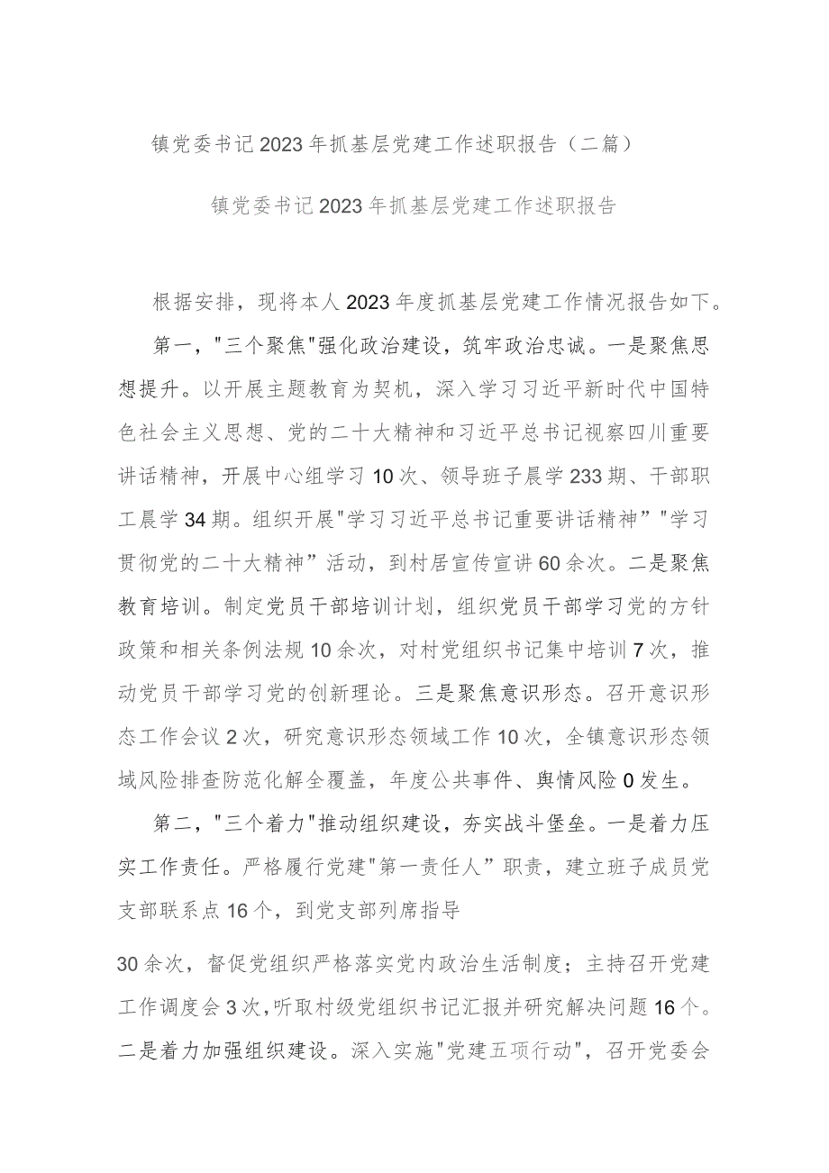 镇党委书记2023年抓基层党建工作述职报告(二篇).docx_第1页