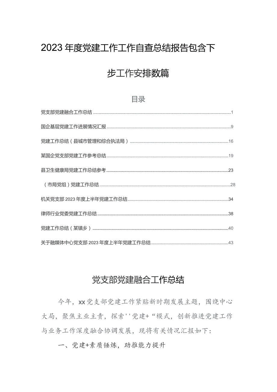 2023年度党建工作工作自查总结报告包含下步工作安排数篇.docx_第1页