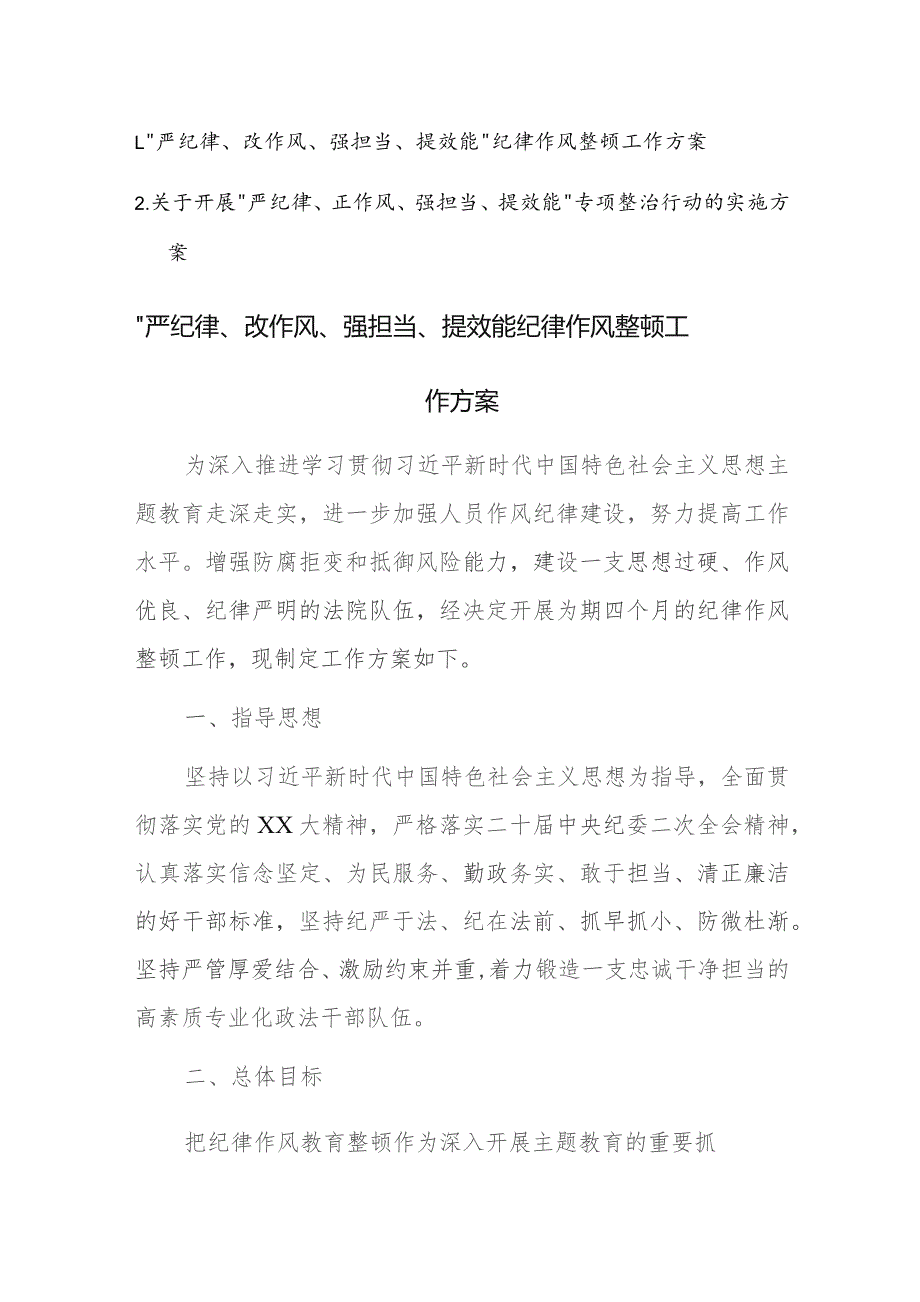 2023年开展“严纪律、正作风、强担当、提效能”专项整治行动的实施方案范文2篇.docx_第1页