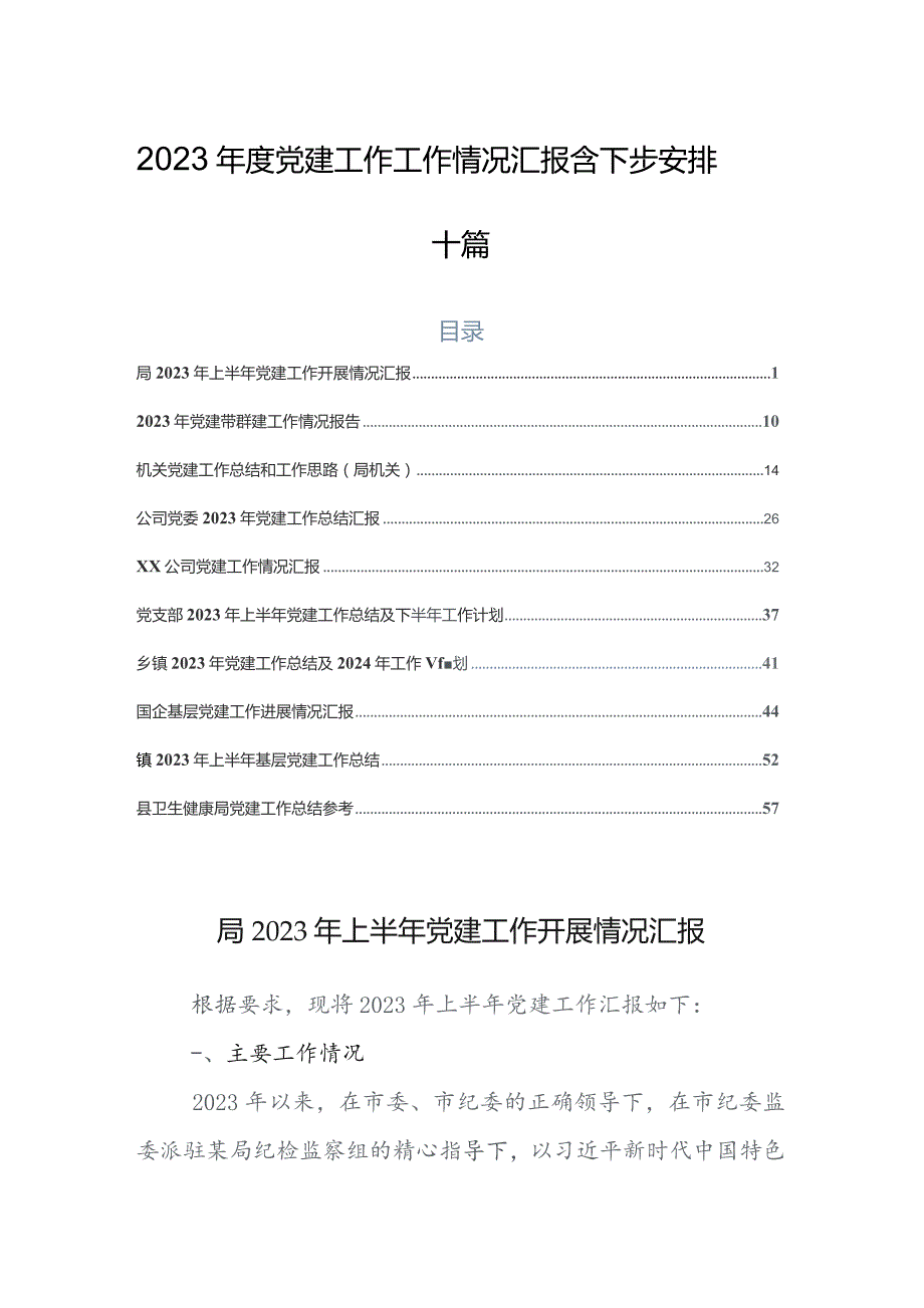 2023年度党建工作工作情况汇报含下步安排十篇.docx_第1页