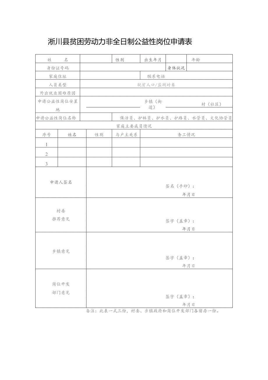 淅川县贫困劳动力非全日制公益性岗位申请表.docx_第1页