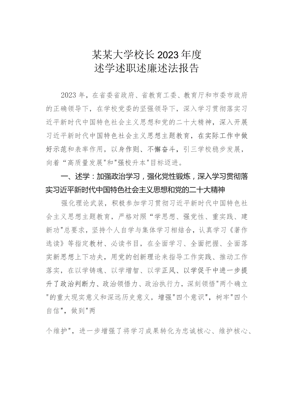 某某大学校长2023年度述学述职述廉述法报告.docx_第1页