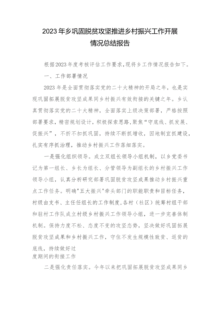 2023年乡巩固脱贫攻坚推进乡村振兴工作开展情况总结报告.docx_第1页