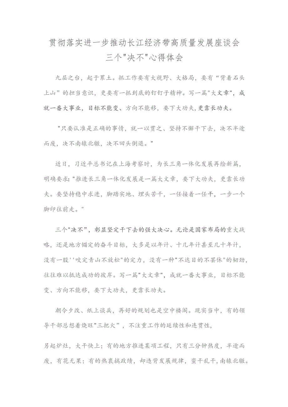 贯彻落实进一步推动长江经济带高质量发展座谈会三个“决不”心得体会.docx_第1页