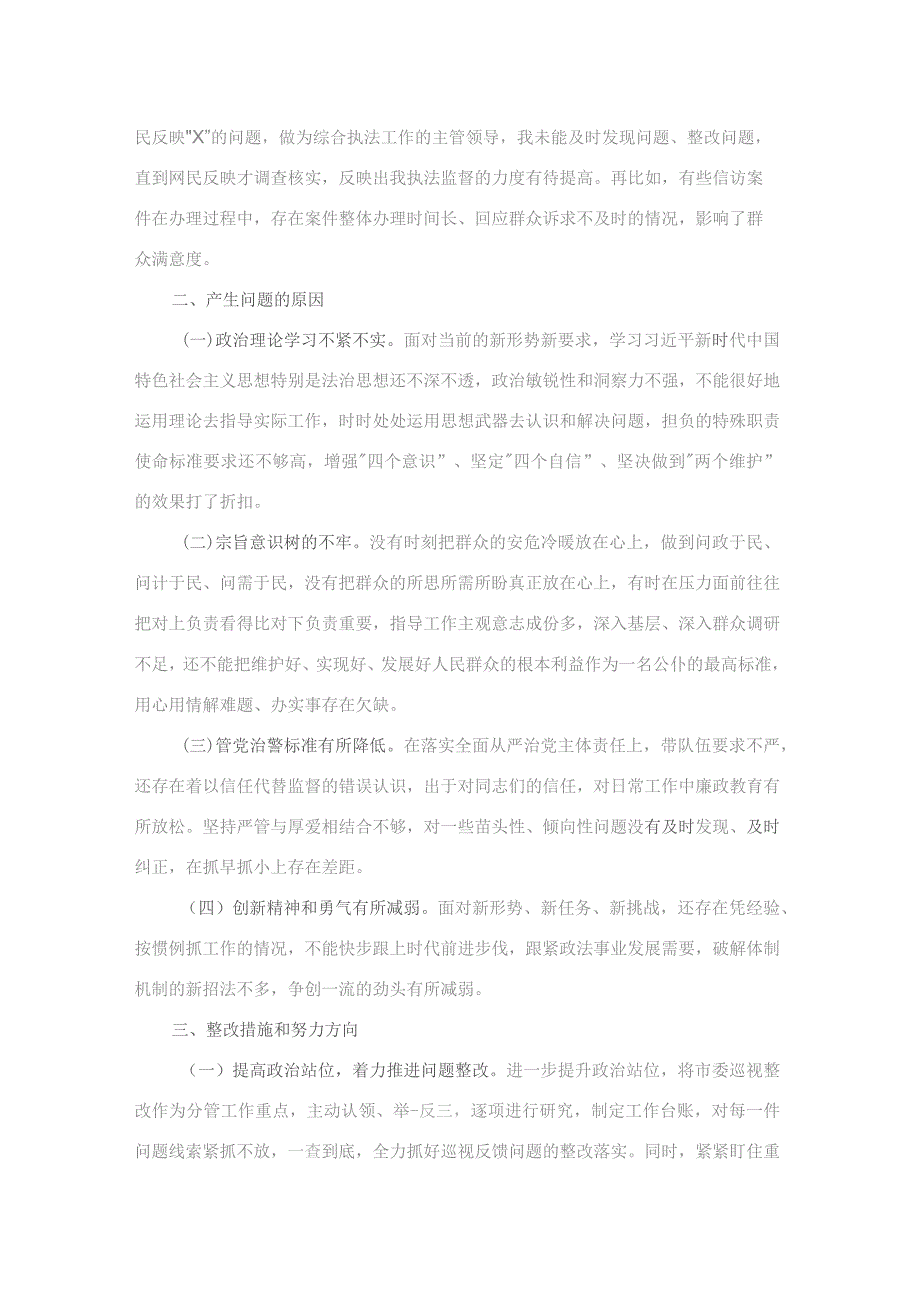 镇政法委员关于市委巡视整改专题民主生活会个人对照检查材料(二篇).docx_第3页