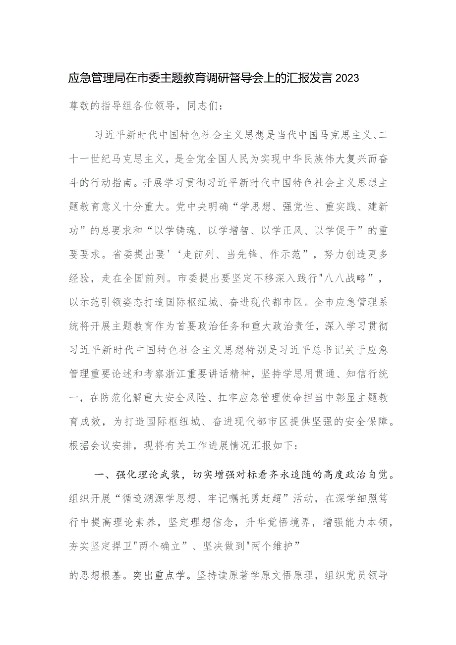 应急管理局在市委主题教育调研督导会上的汇报发言2023.docx_第1页