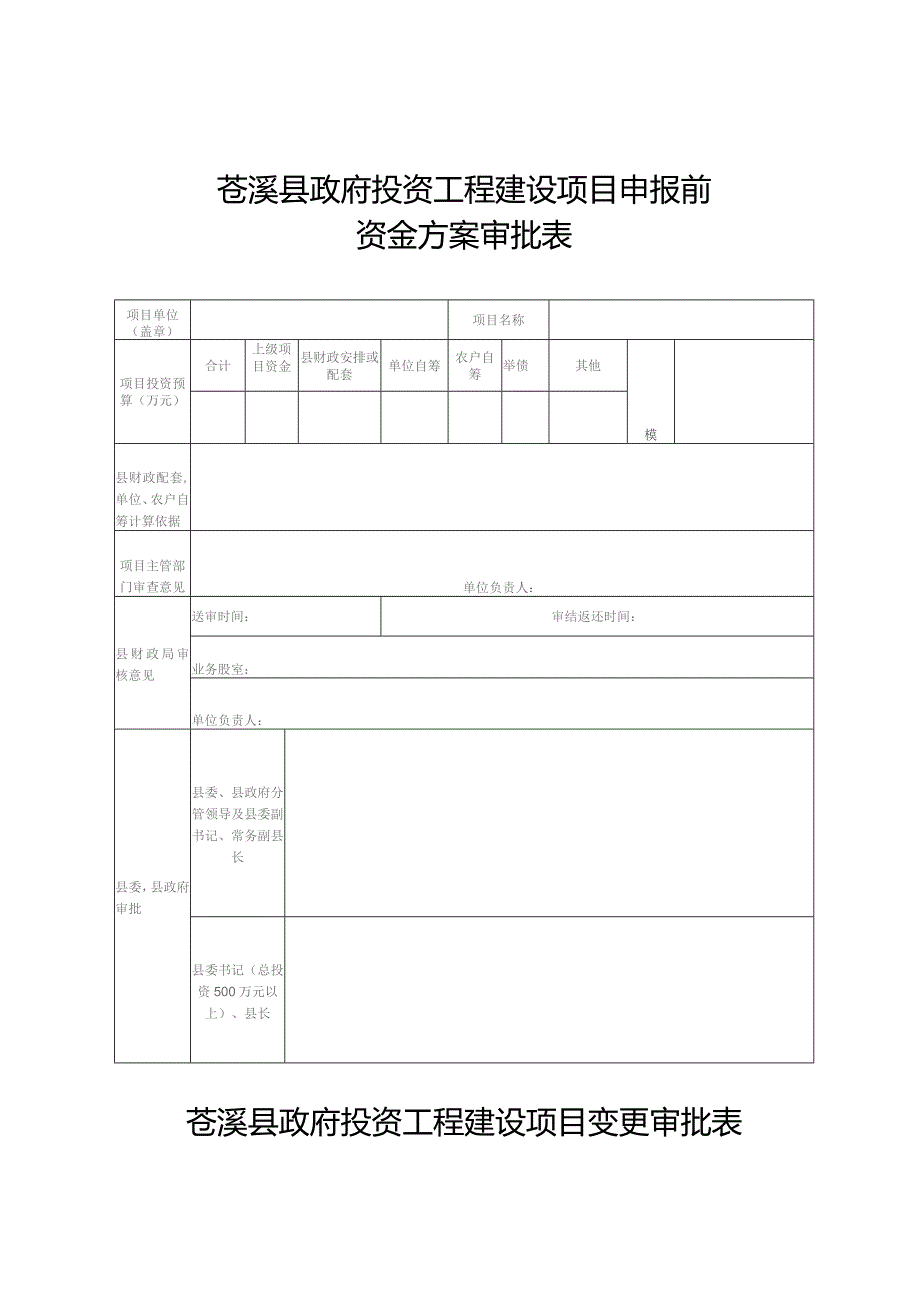 苍溪县政府投资工程建设项目申报前资金方案审批表.docx_第1页