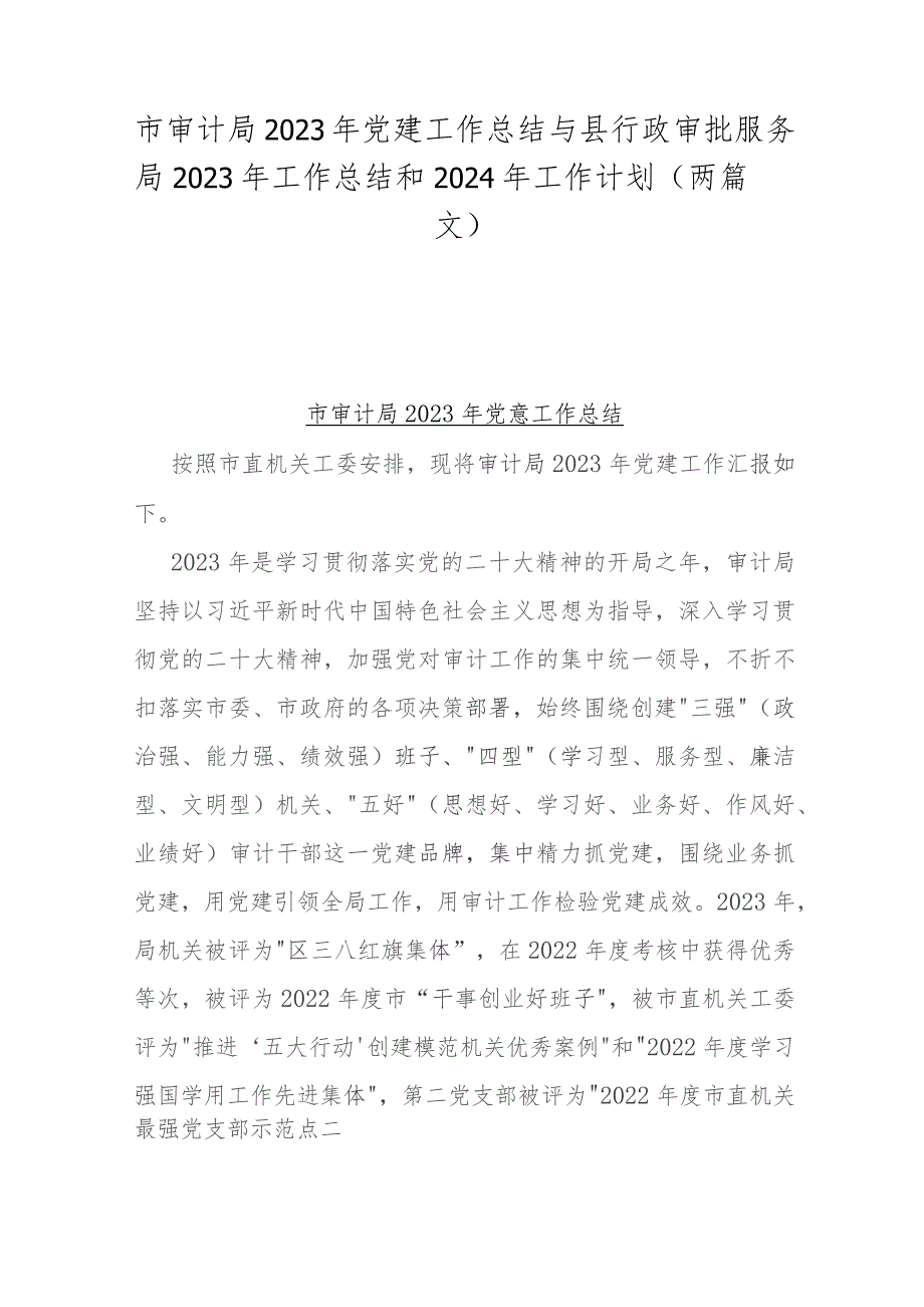 市审计局2023年党建工作总结与县行政审批服务局2023年工作总结和2024年工作计划（两篇文）.docx_第1页