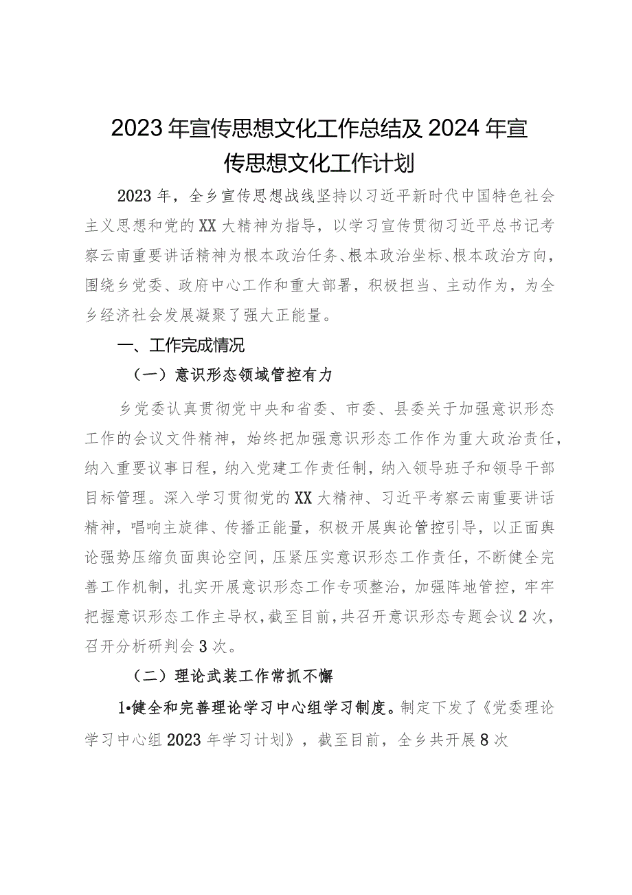 2023年宣传思想文化工作总结及2024年宣传思想文化工作计划.docx_第1页