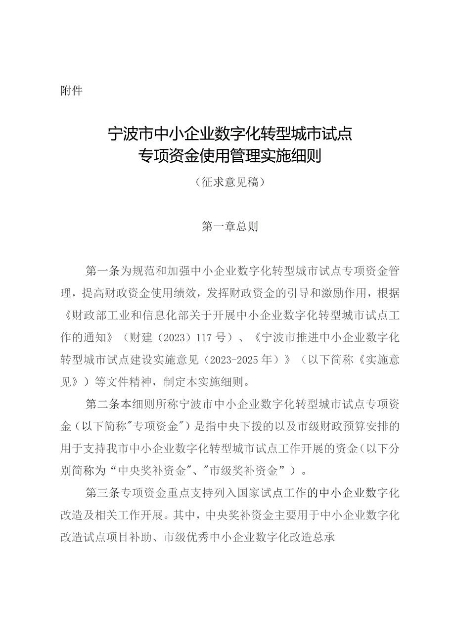 宁波市中小企业数字化转型城市试点专项资金实施细则（征求意见稿）.docx_第1页