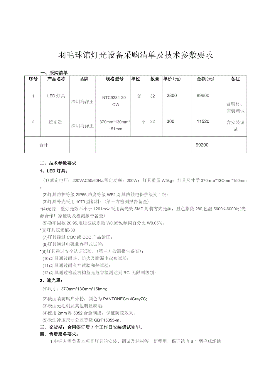 羽毛球馆灯光设备采购清单及技术参数要求.docx_第1页