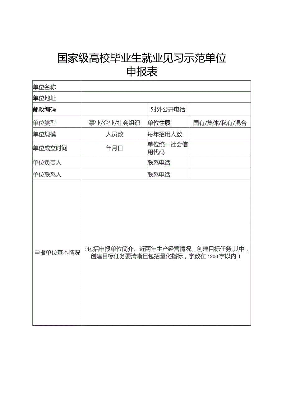 国家级高校毕业生就业见习示范单位申报表.docx_第1页