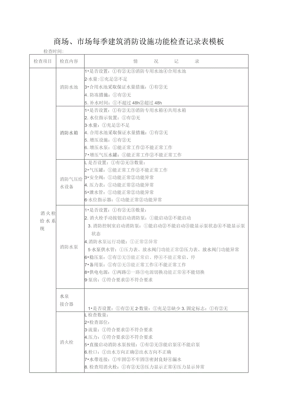 商场、市场每季建筑消防设施功能检查记录表模板.docx_第1页