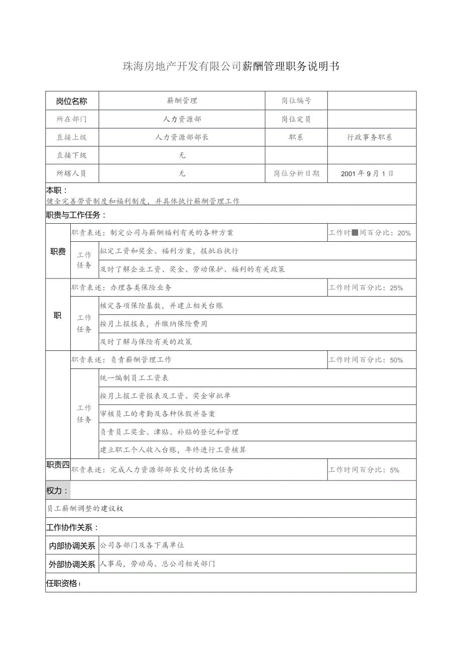 珠海房地产开发有限公司薪酬管理职务说明书.docx_第1页