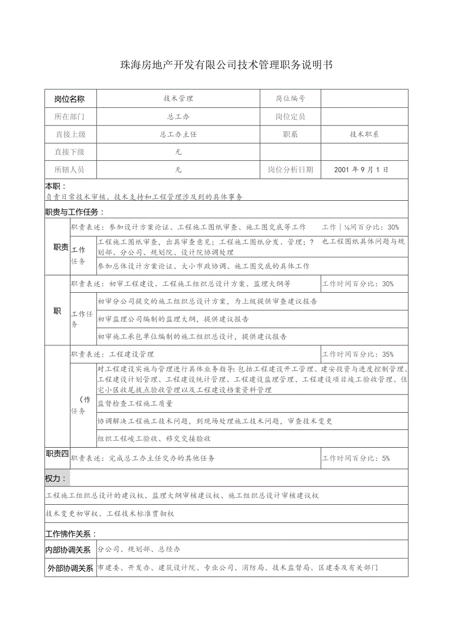 珠海房地产开发有限公司技术管理职务说明书.docx_第1页