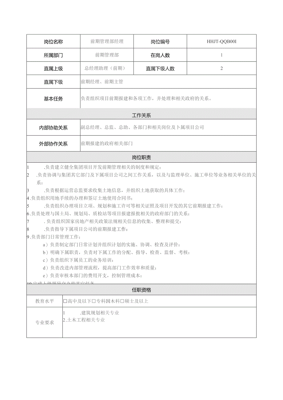 地产集团总公司前期管理部经理岗位说明书.docx_第1页