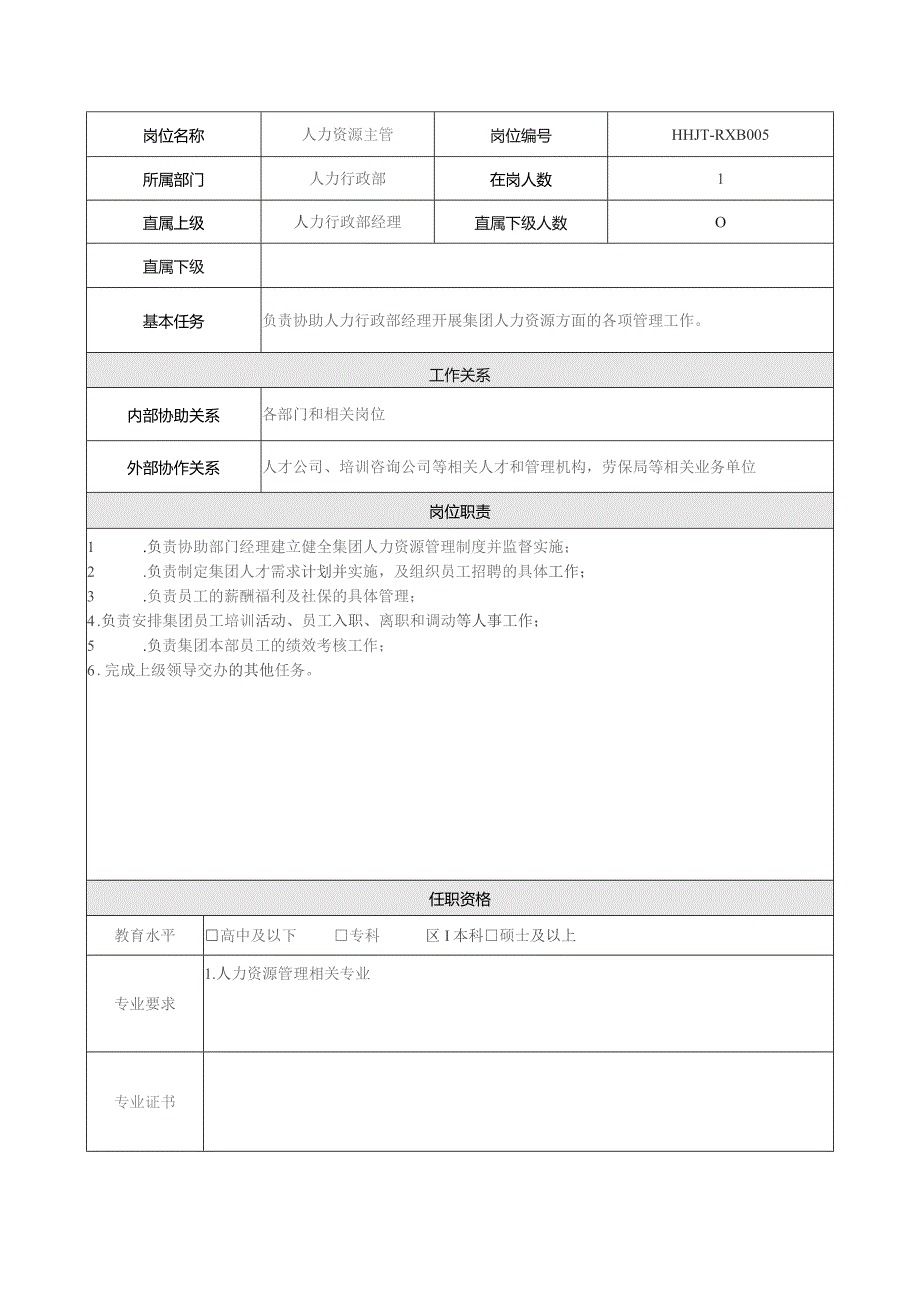 地产集团总公司人力行政部人力资源主管岗位说明书.docx_第1页