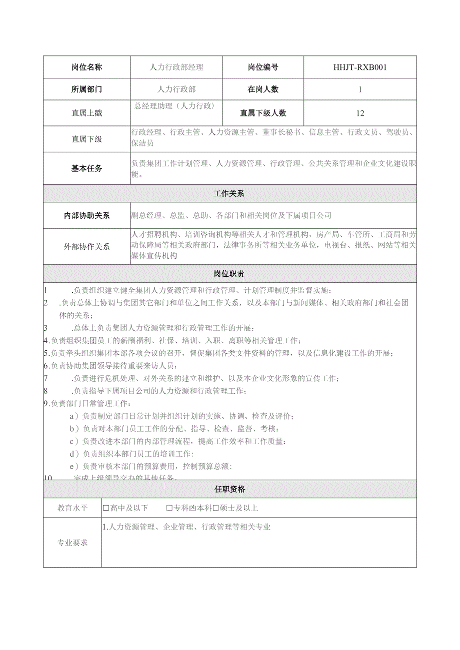 地产集团总公司人力行政部经理岗位说明书.docx_第1页