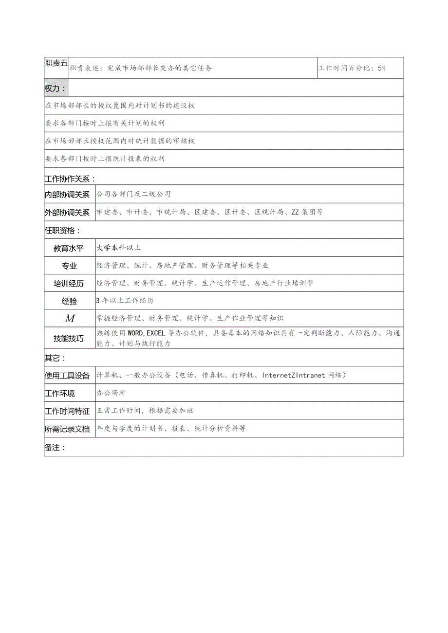 珠海房地产开发有限公司市场部计划统计职务说明书.docx_第2页