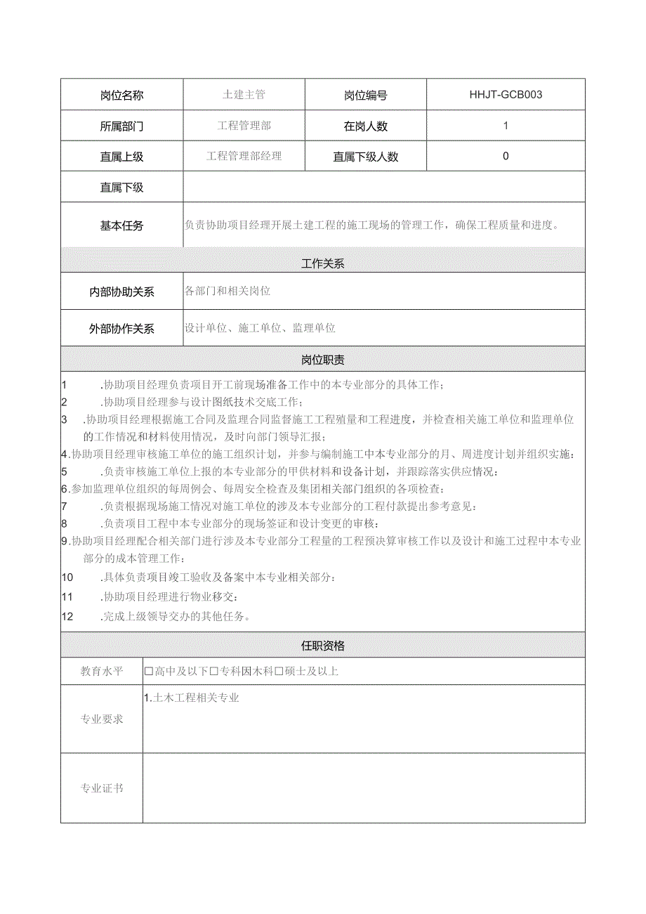 地产集团总公司工程管理部土建主管岗位说明书.docx_第1页