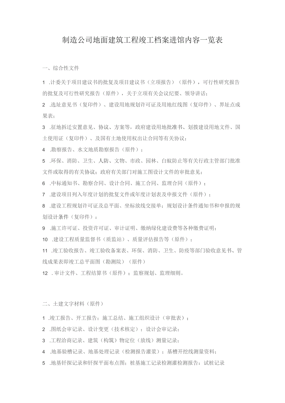 制造公司地面建筑工程竣工档案进馆内容一览表.docx_第1页