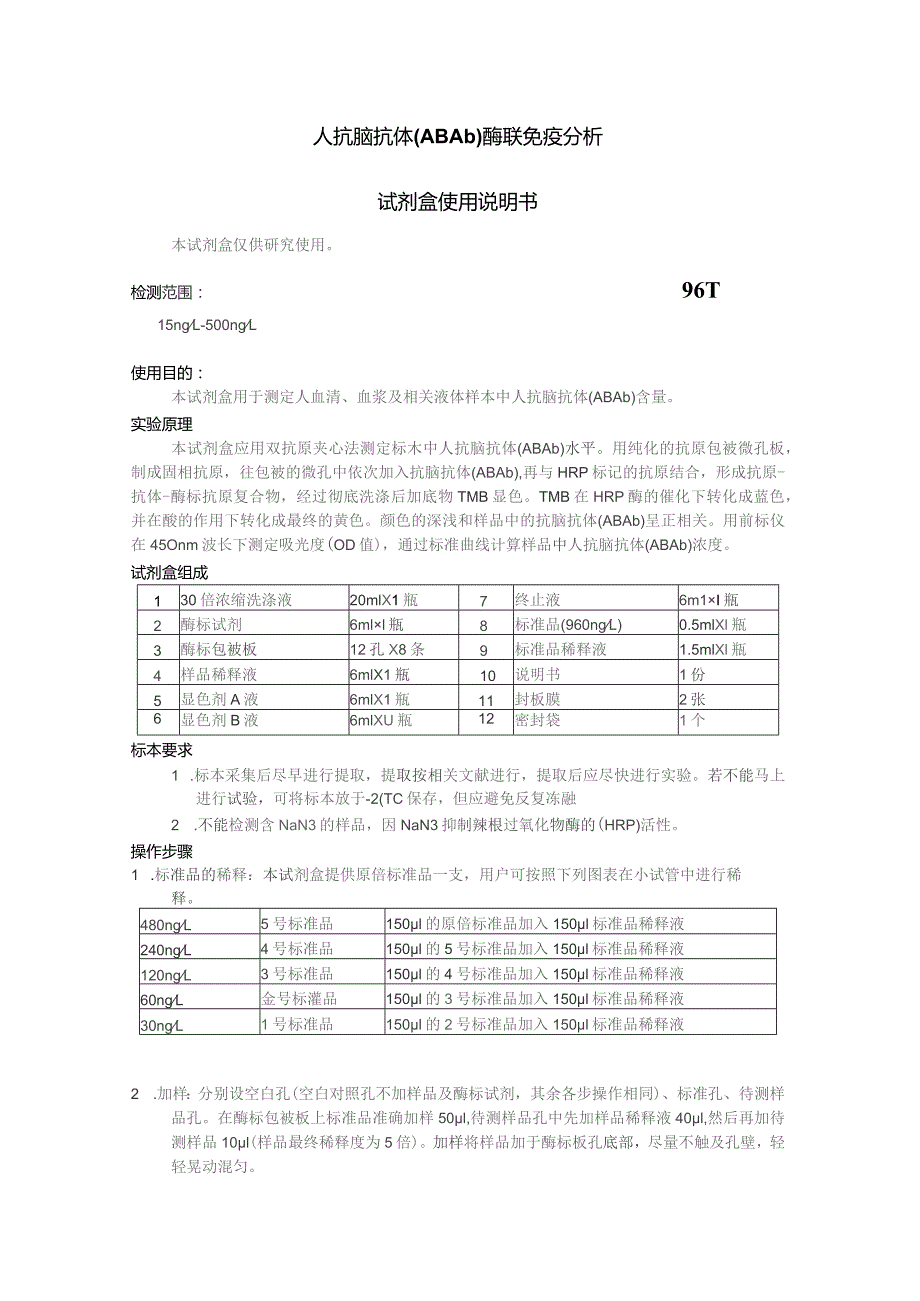 人抗脑抗体ABAb酶联免疫分析试剂盒使用说明书.docx_第1页