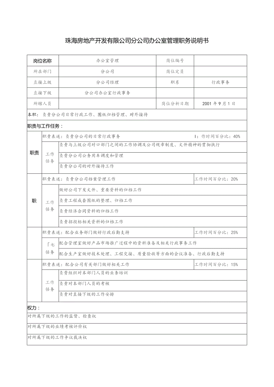 珠海房地产开发有限公司分公司办公室管理职务说明书.docx_第1页