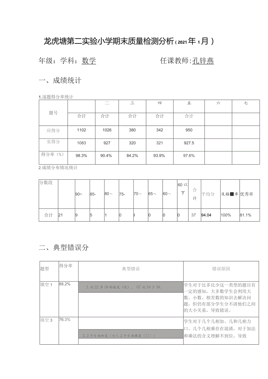 龙虎塘第二实验小学期末质量检测分析2021年1月.docx_第1页