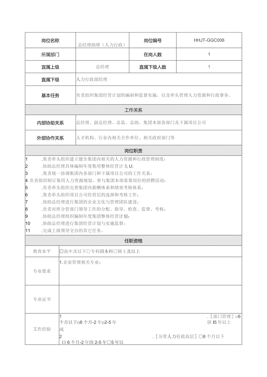 地产集团总公司高管层总经理助理（人力行政）岗位说明书.docx_第1页