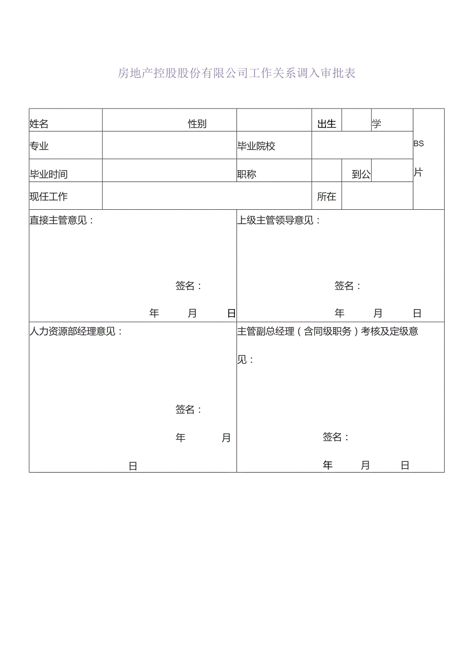 房地产控股股份有限公司工作关系调入审批表.docx_第1页