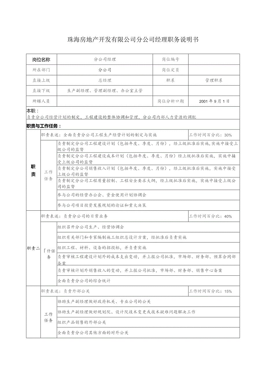 珠海房地产开发有限公司分公司经理职务说明书.docx_第1页