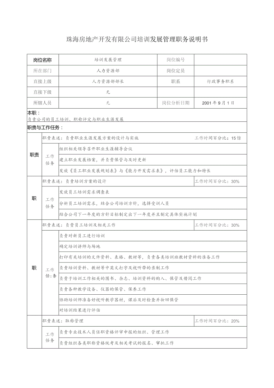 珠海房地产开发有限公司培训发展管理职务说明书.docx_第1页