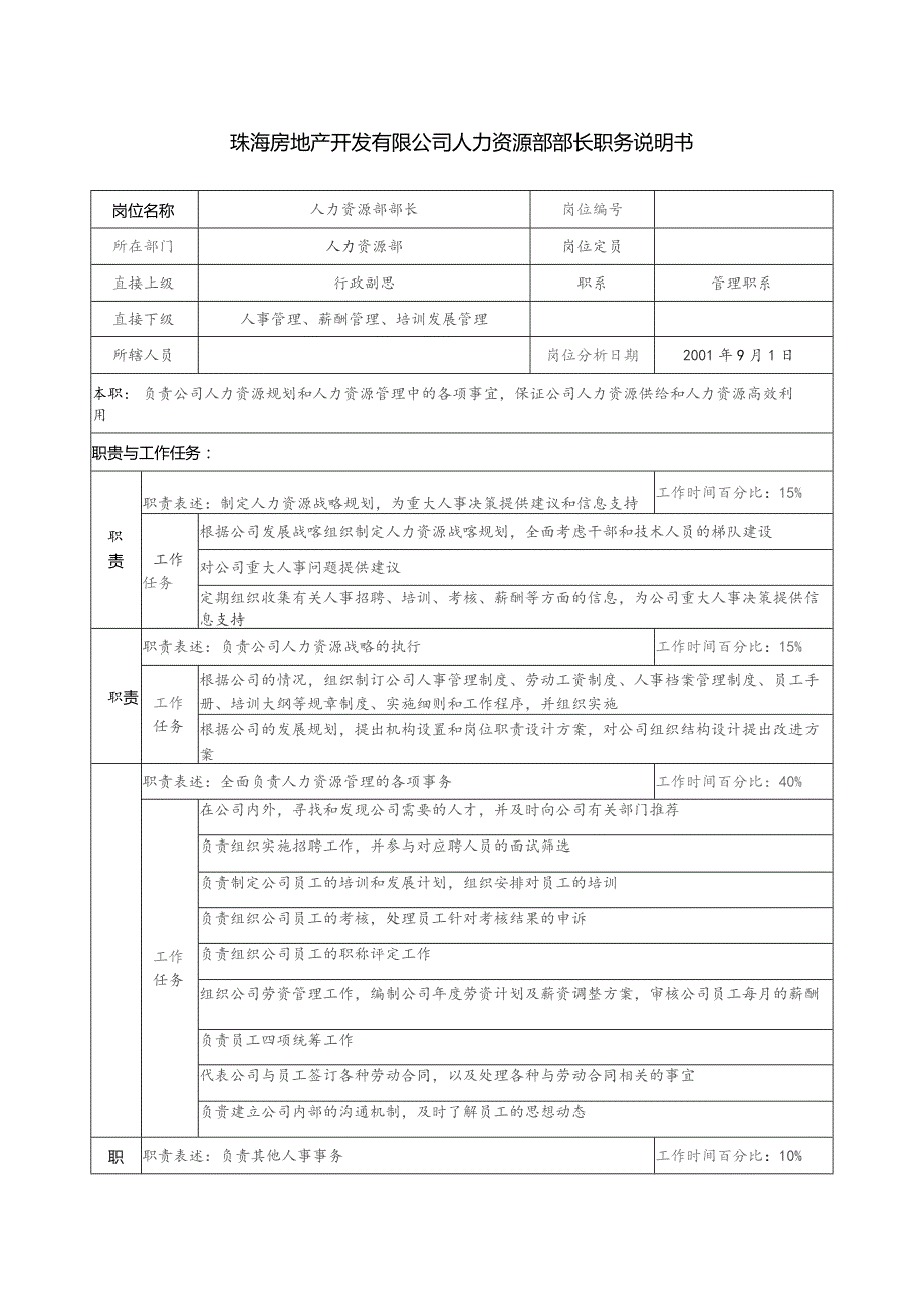 珠海房地产开发有限公司人力资源部部长职务说明书.docx_第1页